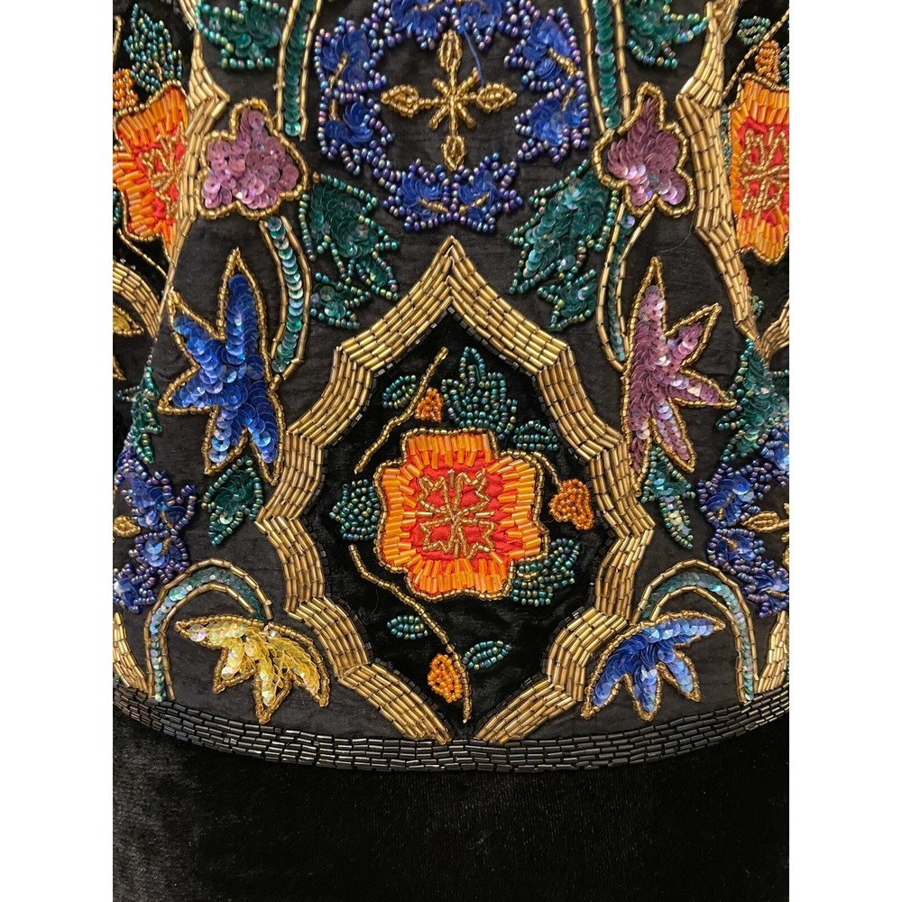 Vintage Cache Womens Open Front Jacket Small Black Silk Ornate Floral Beaded - Picture 8 of 13